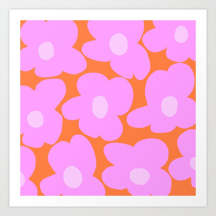 Pastel Pink Retro Flowers Orange Background #decor #society6 #buyart Art Print