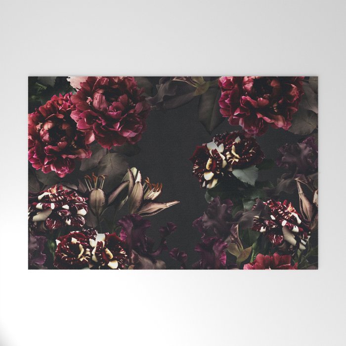 Vintage bouquets of garden flowers. Roses, dark red and pink peony.  Welcome Mat