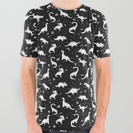 Space Dinosaurs in Black and White All Over Graphic Tee