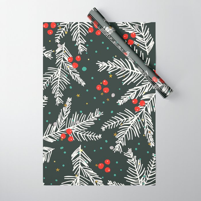 Christmas Holiday Snowy Pine Tree Branches & Holly Pattern Wrapping Paper