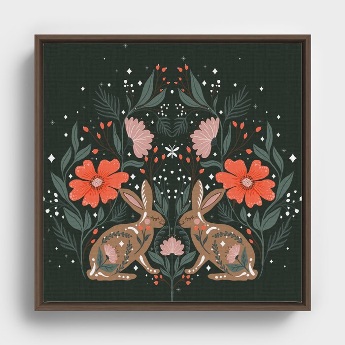 Rabbit with flowers and folk elements illustration  Framed Canvas