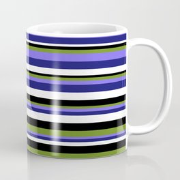 [ Thumbnail: Eye-catching Black, Green, Medium Slate Blue, Midnight Blue, and White Colored Stripes/Lines Pattern Coffee Mug ]