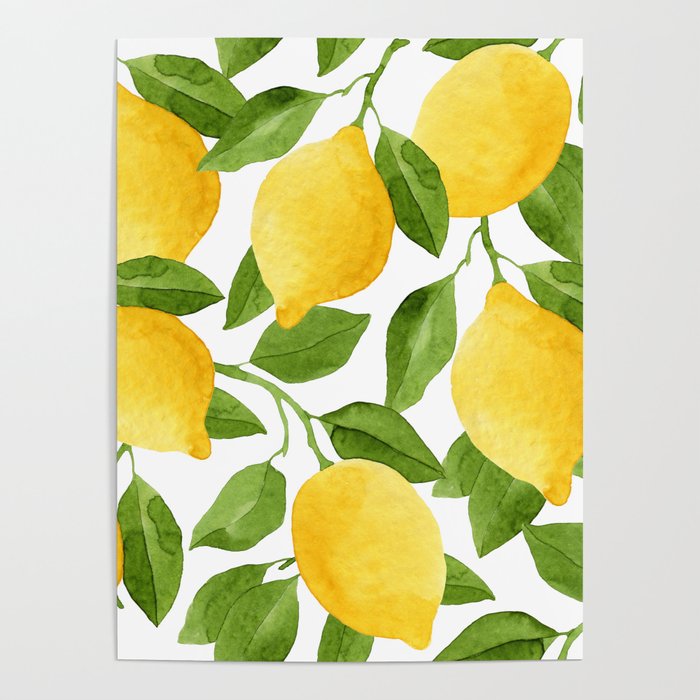 Bright yellow watercolor lemons and green leaves seamless pattern  Poster