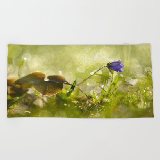 Beautiful spring - first flower little anemone with beautiful bokeh in green background Beach Towel