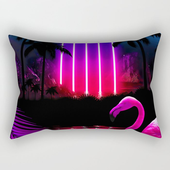 Neon landscape: Neon pillars, palms & flamingo [synthwave/vaporwave/cyberpunk] — aesthetic poster Rectangular Pillow