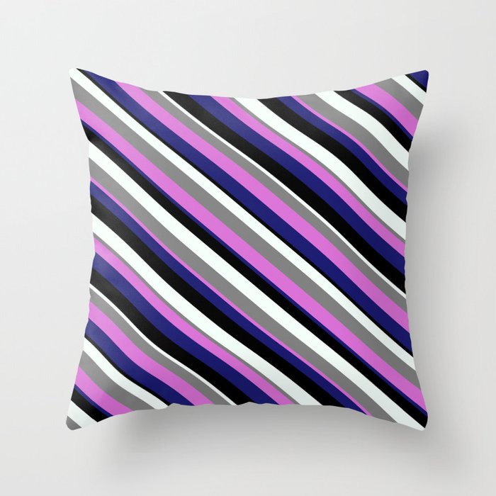 Eye-catching Gray, Orchid, Midnight Blue, Black, and Mint Cream Colored Stripes/Lines Pattern Throw Pillow
