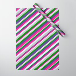 [ Thumbnail: Eye-catching Dark Slate Blue, Deep Pink, Lavender, Grey, and Green Colored Striped/Lined Pattern Wrapping Paper ]