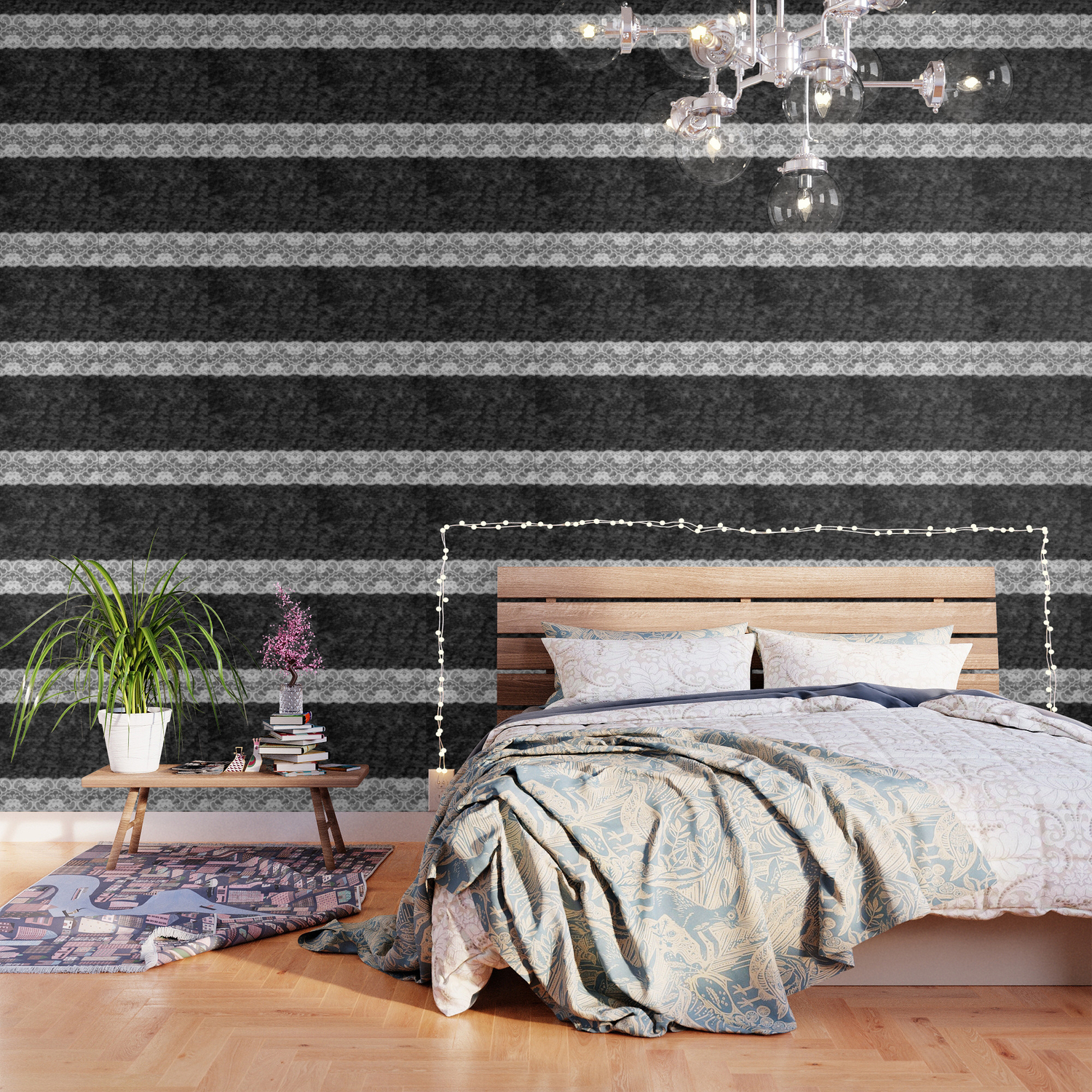 Crushed Velvet Black White Lace Overlay Wallpaper By Josunshine