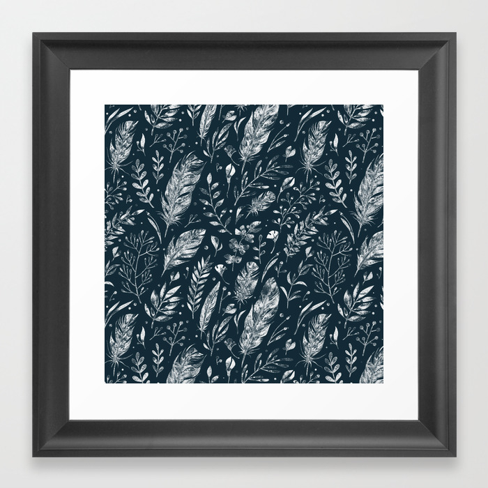 Feathers And Leaves Abstract Pattern Black And White Framed Art