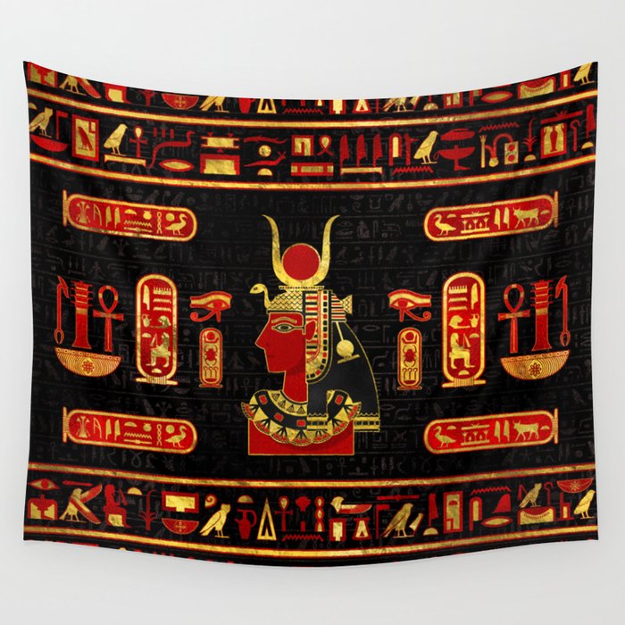 Hathor Egyptian Ornament Gold and Red glass Wall Tapestry