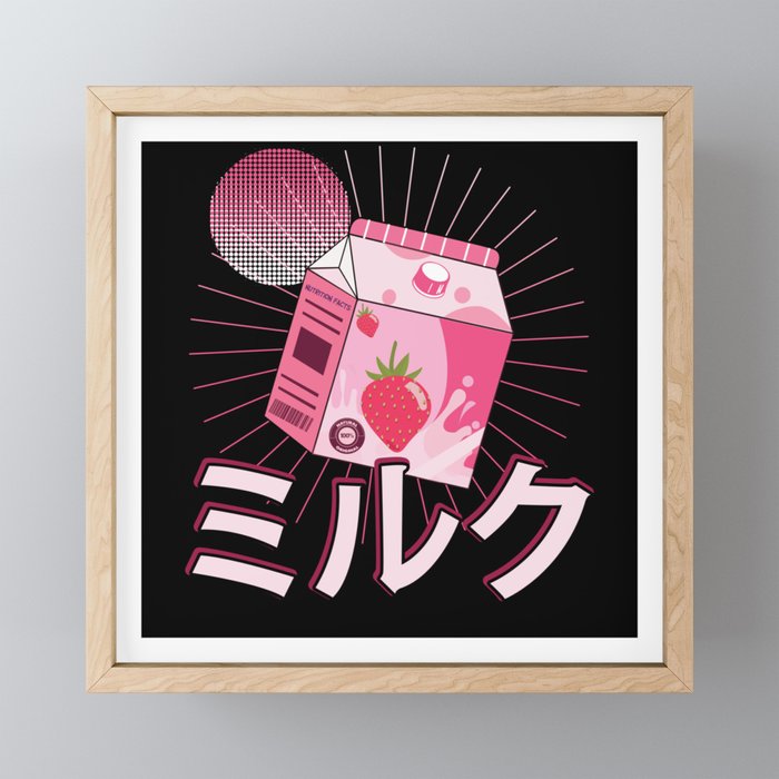 Kawaii Vintage Anime Art Japanese Strawberry Milk Framed Mini Art Print