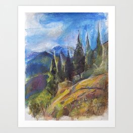Pastel drawing of an Alpine Pine Forest Art Print