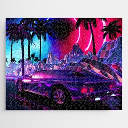 Neon landscape: Synthwave palms & car [synthwave/vaporwave/cyberpunk] — aesthetic poster, retrowave  Jigsaw Puzzle