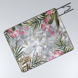 Watercolor forest green pink gold tropical orchid floral Picnic Blanket