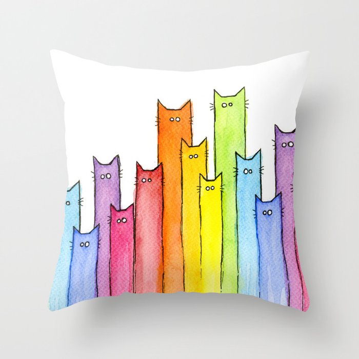 Rainbow of Cats Funny Whimsical Animals Throw Pillow by Olechka Society6
