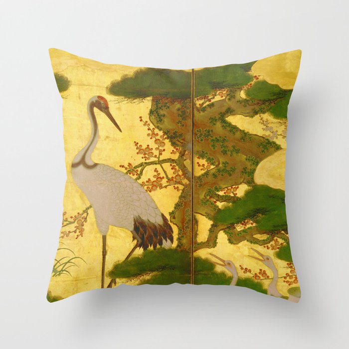 16th Century Japanese Birds & Flowers Throw Pillow