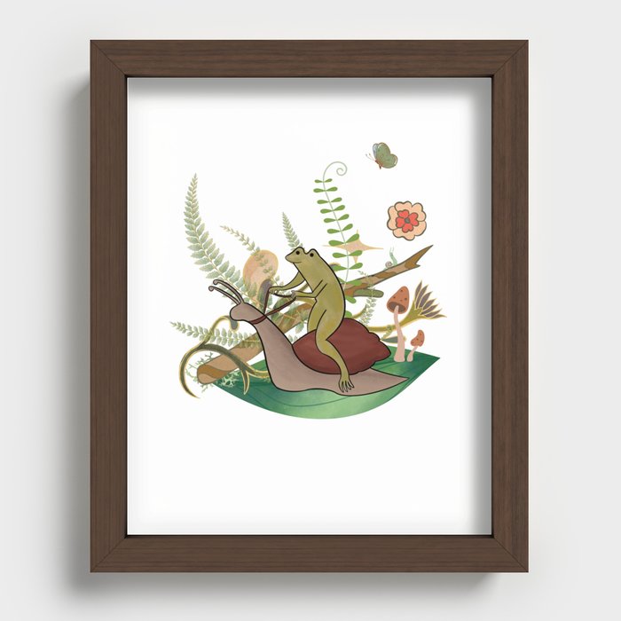 Whimsical Frog Riding a Snail Through the Forest Recessed Framed Print