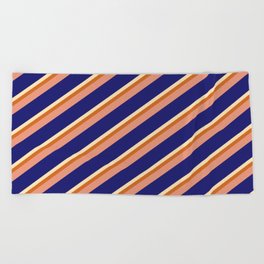 [ Thumbnail: Beige, Chocolate, Dark Salmon, and Midnight Blue Colored Pattern of Stripes Beach Towel ]