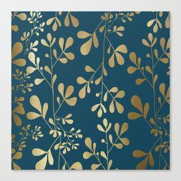 Floral Leaves, Teal and Gold Canvas Print