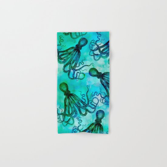 Octopus blue green mixed media underwater artwork Hand & Bath Towel