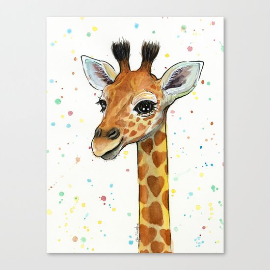 Giraffe Baby Animal with Hearts Watercolor Cute Whimsical Animals Nursery Canvas Print
