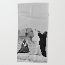 Louis Armstrong at the Spinx and Egyptian Pyrimids Vintage black and white photography / photographs Beach Towel