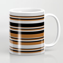 [ Thumbnail: Brown, Grey, and Black Colored Lines Pattern Coffee Mug ]