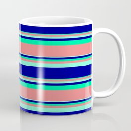 [ Thumbnail: Aquamarine, Dark Blue, Green & Light Coral Colored Stripes Pattern Coffee Mug ]