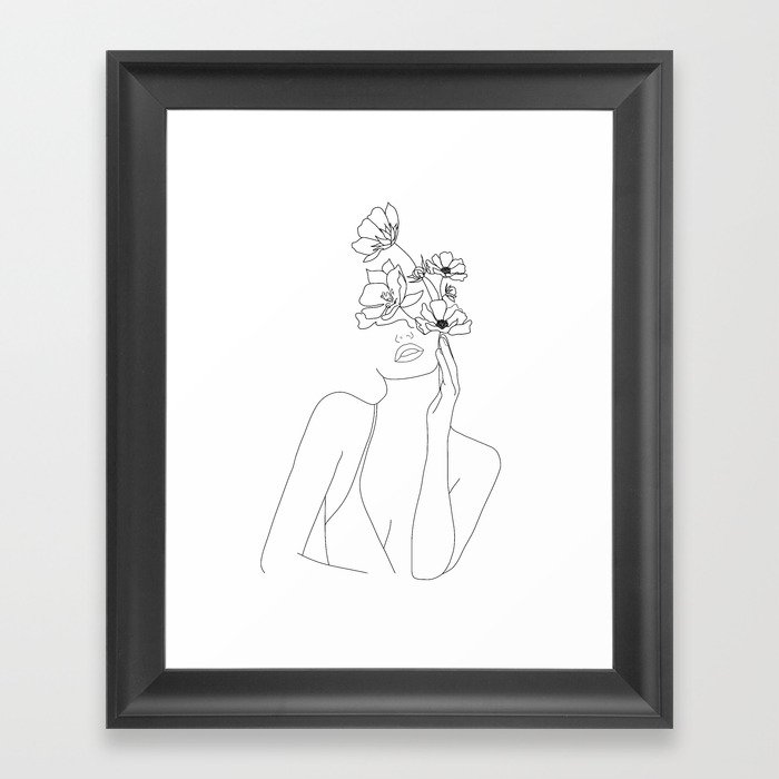 Minimal Line Art Woman with Flowers Framed Art Print