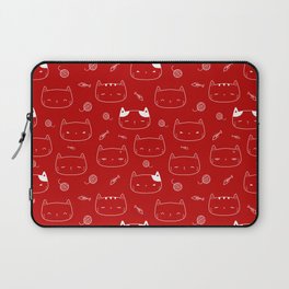 Red and White Doodle Kitten Faces Pattern Laptop Sleeve