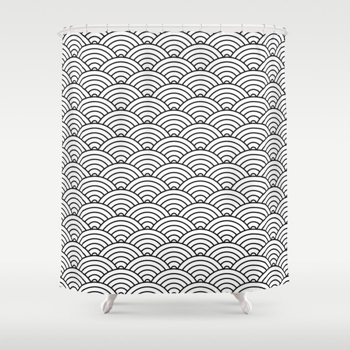 Japanese Waves Pattern White On Black Shower Curtain