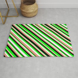 [ Thumbnail: Lime, White, Dark Salmon, and Black Colored Pattern of Stripes Rug ]