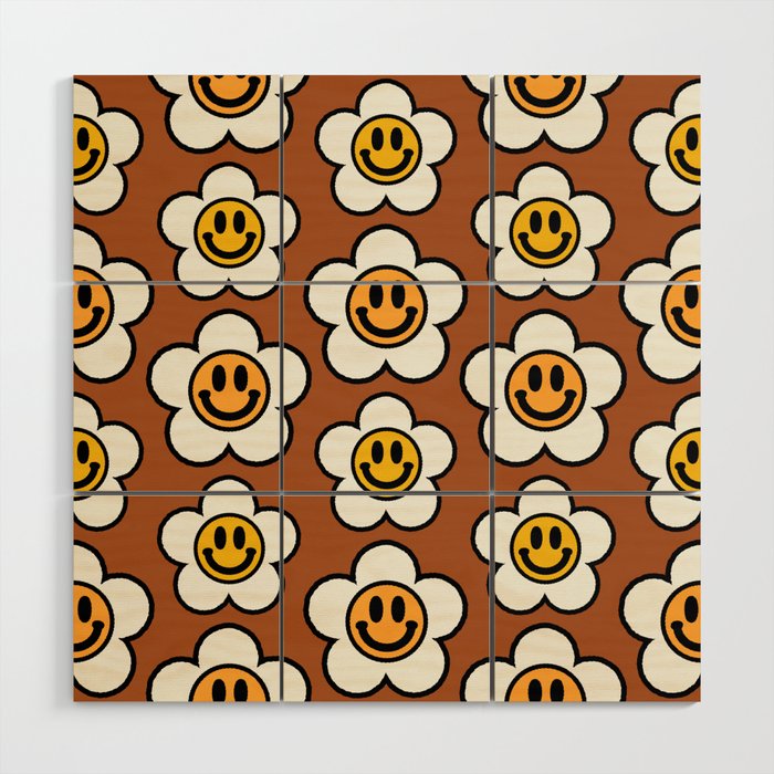 Bold And Funky Flower Smileys Pattern (Ginger Bread BG color) Wood Wall Art