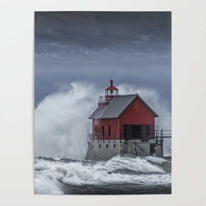 Grand Haven Lighthouse in a November Storm on Lake Michigan Poster