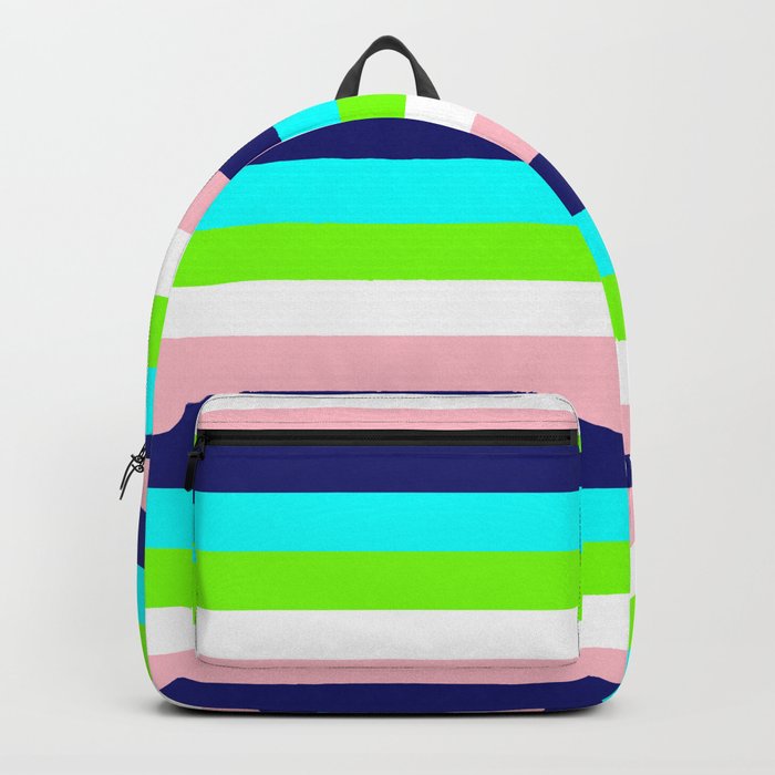 Pink, Midnight Blue, Cyan, Chartreuse, and White Colored Lined/Striped Pattern Backpack