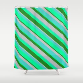 [ Thumbnail: Green, Forest Green, Grey, and Turquoise Colored Lines/Stripes Pattern Shower Curtain ]