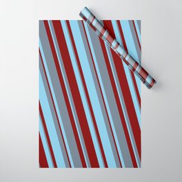 [ Thumbnail: Slate Gray, Sky Blue & Maroon Colored Lined/Striped Pattern Wrapping Paper ]