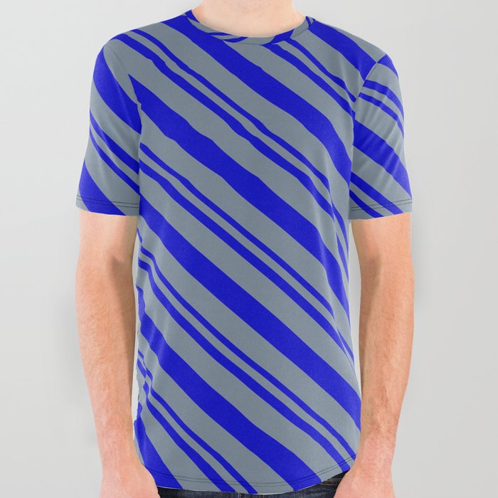 Blue and Light Slate Gray Colored Stripes Pattern All Over Graphic Tee