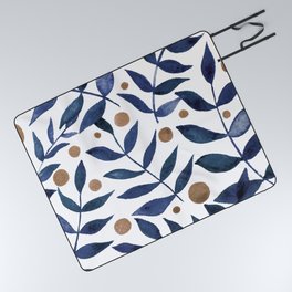 Watercolor berries and branches - indigo and beige Picnic Blanket