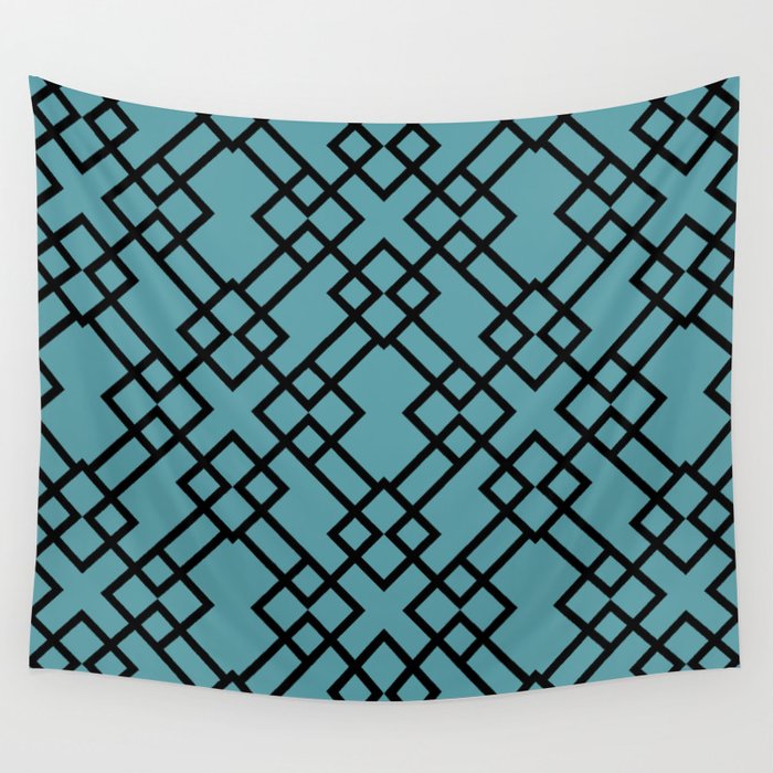 Black and Aqua Minimal Line Art Pattern - Coloro 2022 Popular Color Turquoise Tonic 093-60-15 Wall Tapestry