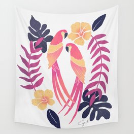 Tropical sunset parrots Wall Tapestry