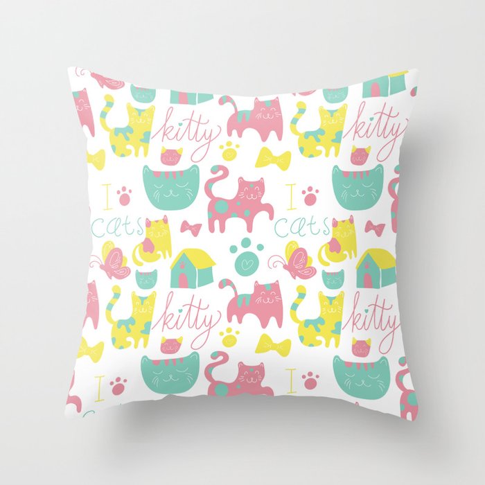 Abstract lime green pink cute cats pattern modern typography Throw Pillow