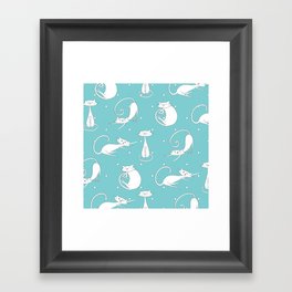 White Cats on blue background with polka dots Framed Art Print