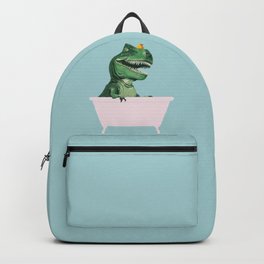 Playful T-Rex in Bathtub in Green Backpack