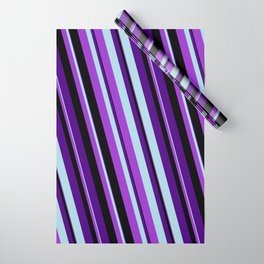[ Thumbnail: Indigo, Light Blue, Dark Orchid & Black Colored Striped Pattern Wrapping Paper ]
