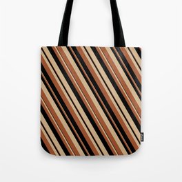 [ Thumbnail: Tan, Sienna & Black Colored Lines/Stripes Pattern Tote Bag ]