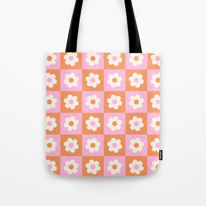 Checkered Daisy in Orange and Pink Tote Bag