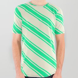 [ Thumbnail: Beige and Green Colored Stripes/Lines Pattern All Over Graphic Tee ]