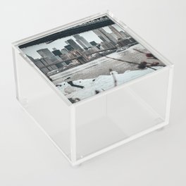 Brooklyn Bridge and Manhattan Skyline during winter snowstorm blizzard in New York City Acrylic Box