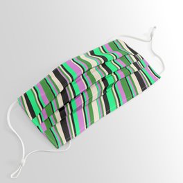 [ Thumbnail: Vibrant Green, Orchid, Forest Green, Beige & Black Colored Striped Pattern Face Mask ]
